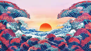 在鮮豔色彩中，動態的海洋波浪在發光的日落天空下翻騰。