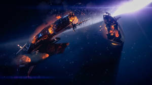兩艘戰艦在太空中爆炸，產生熾熱碎片，背後有明亮的陽光。