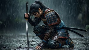 武士跪在雨中手持劍在泥濘森林中