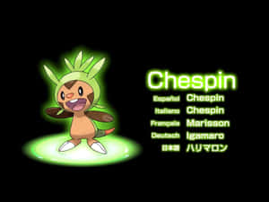Chespin寶可夢角色，帶有發光綠色光環和多語言名稱文字。