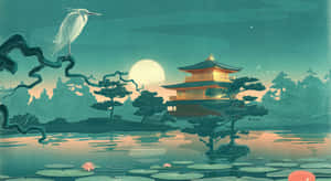 白鷺棲息在樹枝上，靠近水中倒映的發光寶塔，滿月之下。