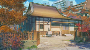 傳統日本房屋，秋天的樹木，外面停著一輛自行車。