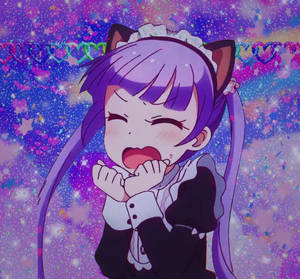 紫髮貓耳的動漫女孩在閃爍的星空背景下大笑。 — 可愛動漫頭像gif 壁紙