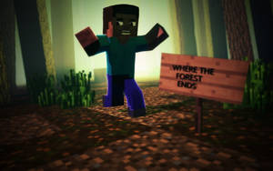 Minecraft角色在森林邊緣慶祝，旁邊有寫著森林盡頭的標誌。