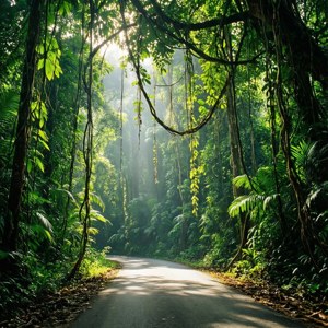 一條鋪砌的道路蜿蜒穿過茂密的綠色叢林，陽光透過樹冠過濾下來。