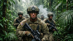 士兵在茂密叢林中穿梭前行。