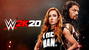 WWE 2K20封面， featuring Becky Lynch和Roman Reigns以戰鬥姿勢出現。