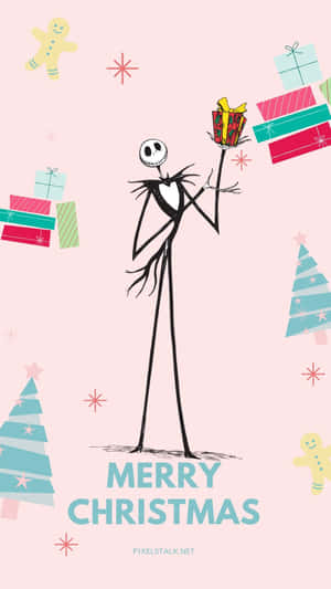 Jack Skellington 被聖誕樹同薑餅人包圍住，拎住一份禮物。