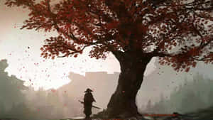 黎明時分霧氣瀰漫的山中，武士站在紅楓樹下