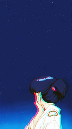動漫女孩仰望星空，帶有彩色故障效果。