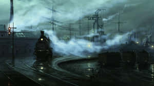 夜晚落雨嘅工業車站，一列蒸汽火車噴出煙霧。