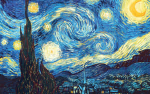 夜空中有旋轉的星星，柏樹下有一個村莊。