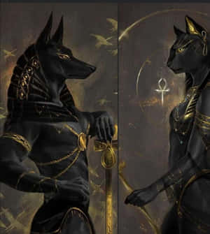 黑色犬科和貓科神祇身著金色埃及服飾，手持帶有神聖符號的權杖。