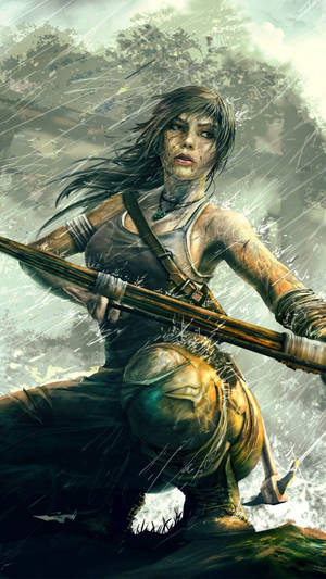 一位在雨淋森林中手持長矛的女戰士。