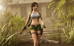 Lara Croft 在叢林中與鱷魚和遺跡