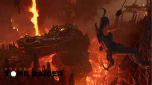 Tomb Raider 在熾熱廢墟中，於龍頭下方盪過充滿熔岩的裂縫。