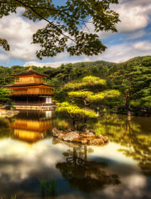 金色寺廟倒映喺平靜嘅池塘中，有綠色樹木同藍天。