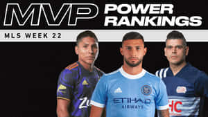 三名男性足球運動員穿著球隊球衣，在 MVP Power Rankings 文字下方。