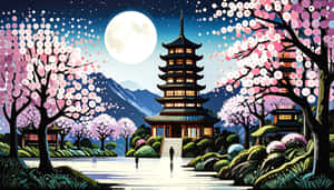 滿月下，寶塔被櫻花和山巒環繞的夜景。 — 夜晚 GIF 壁紙