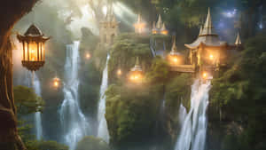 神秘的奇幻村莊，發光的燈籠 nestled 在瀑布和古樹之間。 — 5120x2880 壁紙