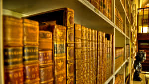 一排排帶有金色細節的古董書籍在圖書館書架上，背景中有一尊半身像。