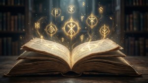 一本在圖書館中漂浮並帶有發光魔法符號的舊書。