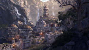 建在懸崖上的古老奇幻城市，瀑布與火炬在黃昏中閃耀。 — 黃昏 壁紙