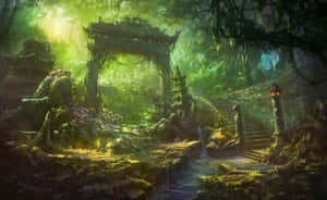 神秘的古老寺廟遺跡在茂密的綠色叢林中長滿植物，有發光的光線。 — 森林 壁紙