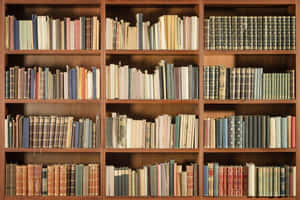 木製書架塞滿了各種顏色和裝訂的復古書籍。
