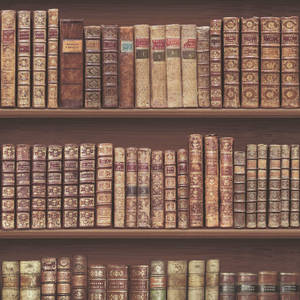 一排排古董皮革裝訂書籍，帶有金色細節，放在木質書架上。 — 啡色 壁紙