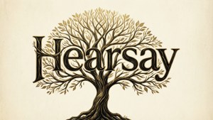 一棵風格化的樹木，帶有金色葉子，以優雅的字體拼寫出單詞「Hearsay」。
