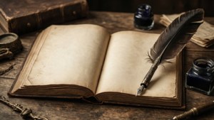 打開的古董書，帶有羽毛筆和墨水瓶，放在木桌上。