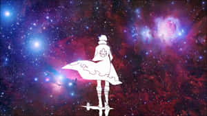 動漫角色剪影凝視著色彩繽紛的星場和星雲