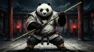 穿著武術服的熊貓在昏暗的道場中手持竹杖，配有紅色燈籠