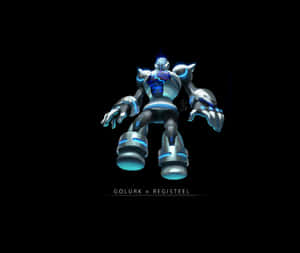 Golurk 和 Registeel 融合機械人在黑色背景上發出藍光