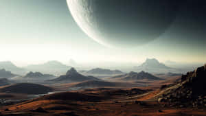 朦朧天空下，一顆巨大行星下方的紅色沙漠，有山脈 — 5120x2880 壁紙