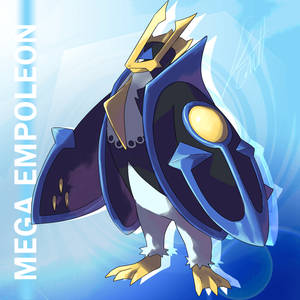 Mega Empoleon，一隻藍色和金色的裝甲寶可夢，在發光的藍色背景前以動態姿勢站立。 — 美學 壁紙