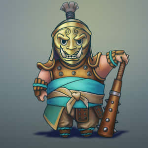 Chibi戰士，戴著金色面具和藍色盔甲，拿著帶刺的棍棒。 — iPad 第9代 壁紙