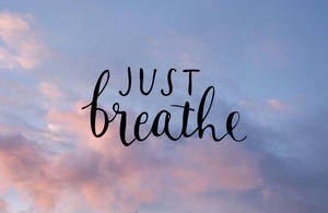喺粉紅同藍色暮色天空上疊加「just breathe」文字