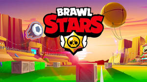 在色彩繽紛的日落峽谷中，帶有漂浮氣球和木箱的 Brawl Stars 遊戲標誌。
