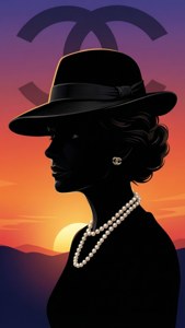 戴帽子和珍珠的優雅女性剪影，配日落和Chanel標誌。 — Chanel 壁紙