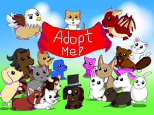 一群卡通動物在草地上舉著「Adopt Me!」橫幅。