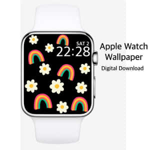 帶有彩虹和雛菊牆紙的Apple Watch顯示時間22:28。