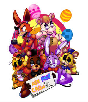 一群 Five Nights at Freddy's 的動畫角色拿著一個標誌，背後有氣球。