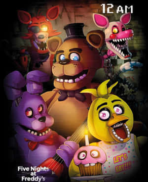 Five Nights at Freddy's 中的五個電子動畫角色在黑暗的凌晨12點場景中猙獰地咧嘴笑。