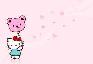 Hello Kitty 拿著粉紅色熊氣球，心形漂浮在粉紅色背景上。