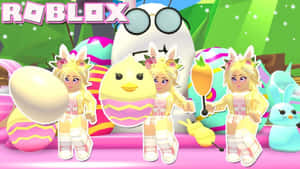Roblox復活節角色戴著兔耳，手持蛋和小雞，色彩繽紛的場景。