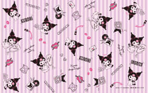 Kuromi 角色壁紙，帶有粉紅色心形和條紋背景。