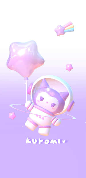 一隻卡通貓咪太空人拿著星星形狀的氣球在紫色天空中漂浮。
