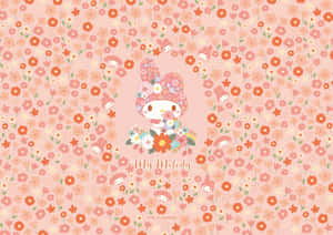 My Melody 在花卉圖案背景中手持花朵。